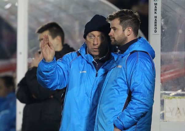 Pools boss Matthew Bates, right, talks tactics with Ged McNamee. Picture by Gareth Williams/AHPIX.com.