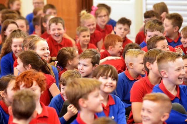 Throston Primary school pupils laughing at jokes from fellow pupils. Picture by Frank Reid