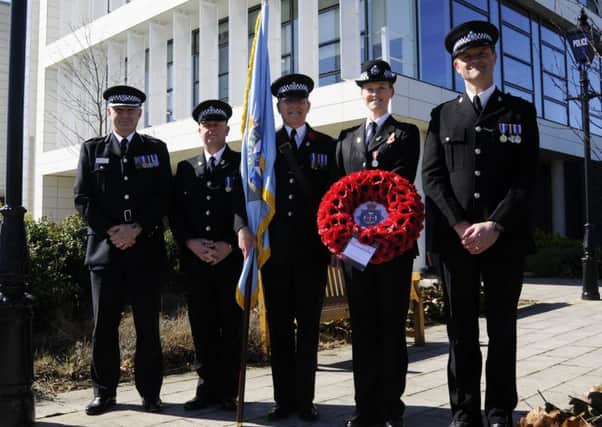 From left to right, Assistant Chief Constable Dave Orford, PC Glen Henderson, retired PC and standard bearer Dave Cuthbertson, Chief Inspector Catherine Clarke and Inspector Ed Turner