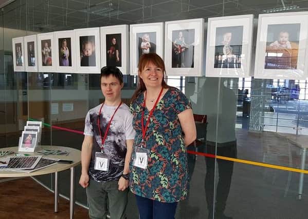 Look At Me exhibition being displayed at Hartlepool College of Further Education. Caroline  Turner with Andew Collinson.