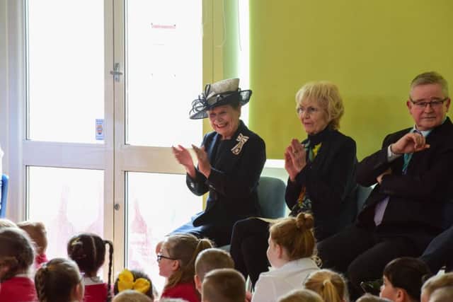 The Lord Lieutenant of County Durham Sue Snowdon, (seated left) during the visit to St Helen's Primary School, Durham Street, Hartlepool, to see the special Commonwealth Assembly.