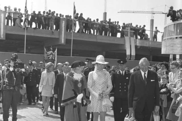 Princess Anne in Hartlepool in 1970 with the curly ramp in the shopping centre just in view. Remember this?