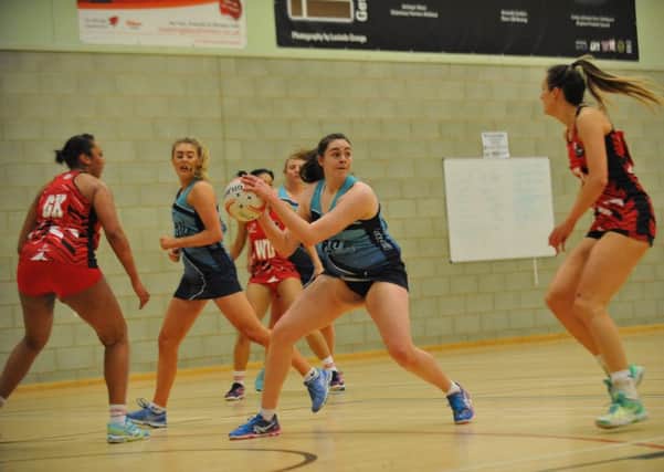 Premier netball between Oaksway (blue) and Worcester Reds, played at Brierton Sports Cente, Hartlepool.