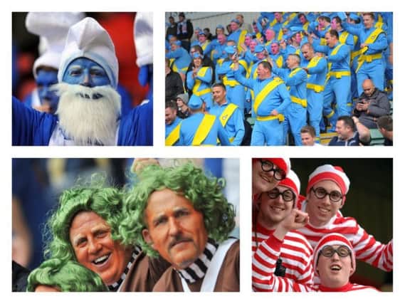 Hartlepool United fans, clockwise from top left, pay homage to The Smurfs, Thunderbirds, Where's Wally and the Oompa Loompas.