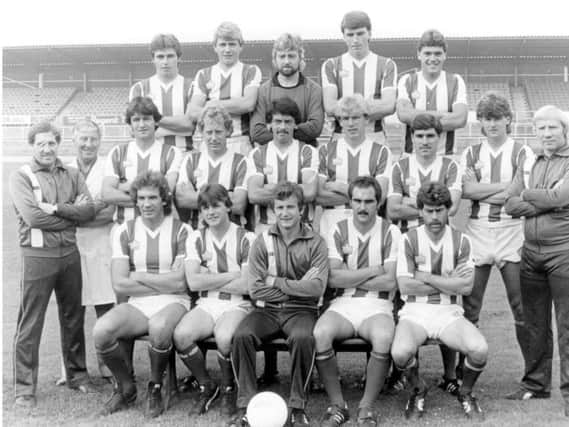 Former goalkeeper Eddie Blackburn (centre, back row) lines up with his Pools team mates in 1983. Picture courtesy of Hartlepool United.