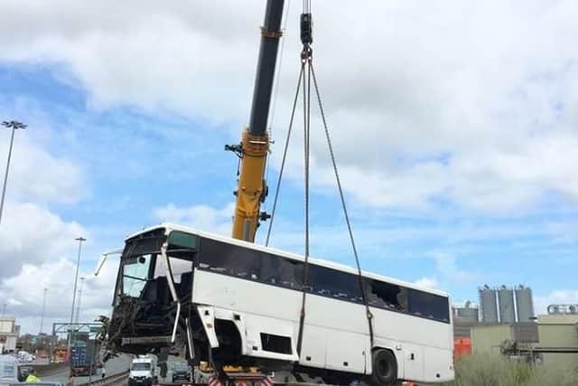 The coach being recovered from the A66. Photo by Cleveland Police.