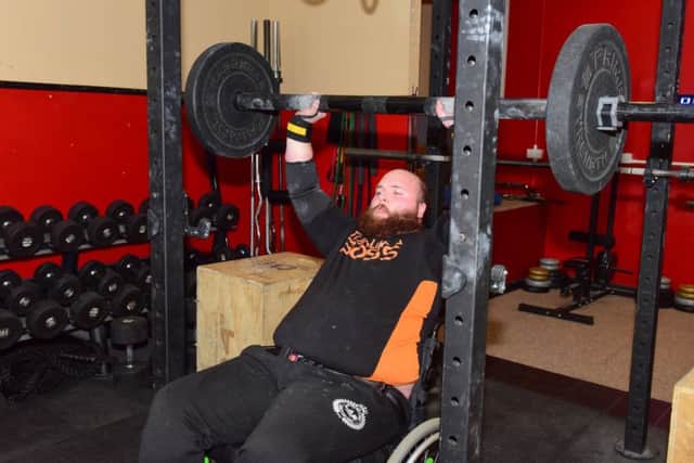 Training to become Britains Strongest Disabled man, Stephen Trotter at Fitness Affinity, Whitby Street South, Hartlepool.