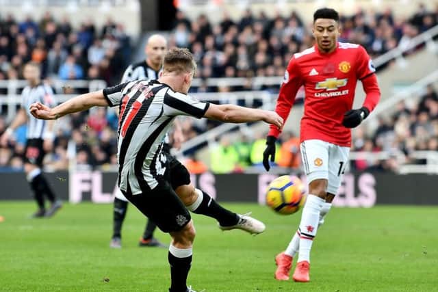 Newcastle's Matt Ritchie gets in a shot against Manchester United earlier this season. Picture by Frank Reid