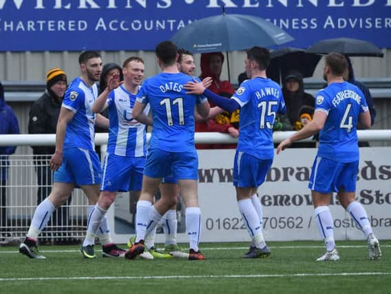 Michael Woods celebrates with his Hartlepool United teammates earlier this season.