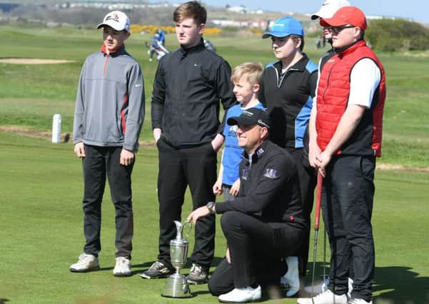 Graeme Storm Junior Open Golf Tournament 2017 at Hartlepool Golf Club. Graeme Storm with some of the young golfers taking part.