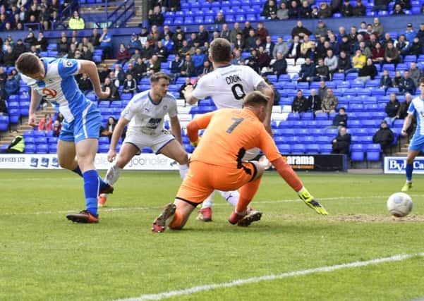 Rhys Oates back-heels Hartlepool Uniteds second goal against Tranmere Rovers in the final League game of the season.