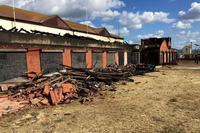 Demolition of the roof timbers and fire-damaged walls of The Longscar Hall, Seaton Carew. Pic: Frank Reid.