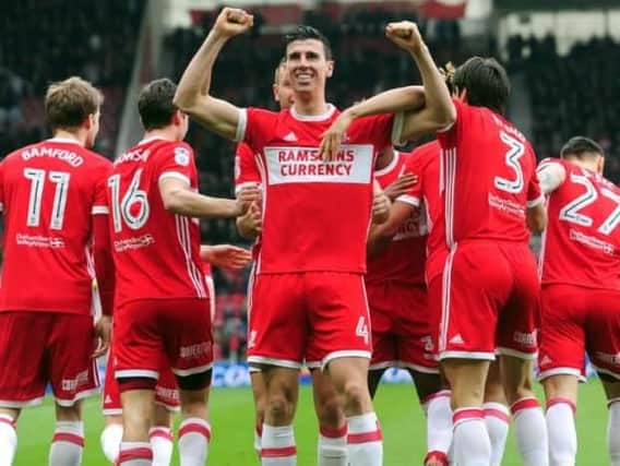 Daniel Ayala celebrates the opening goal in Boro's win over Barnsley. Picture by Simon Hulme