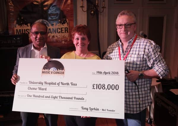 from left Mr Anil Agarwal, with Sue Piggott, General Manager at North Tees Hospital and Tony Larkin, founder of Music v Cancer