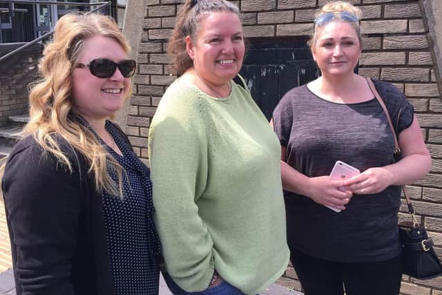 (left to right) Jenna Davies, Hilary Dowson and Liz Horsely outside Teesside Magistrates Court. Photo: Tom Wilkinson/PA Wire