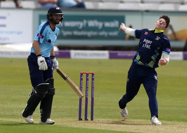 Matty Potts bowls for Durham against Yorkshire.   Picture by Tom Banks