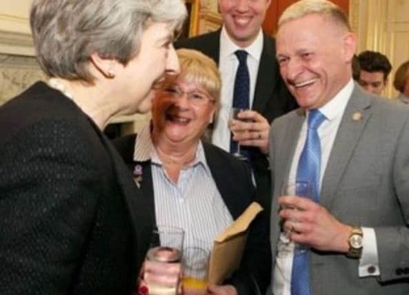 Prime Minister Theresa May with Councillor Brenda Loynes, 2017 Conservative general election candidate Carl Jackson and Councillor Ray Martin-Wells
