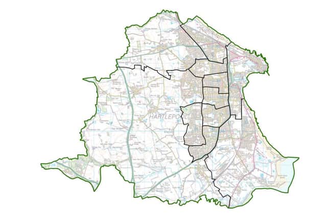 How Hartlepool is currently divided into council wards.